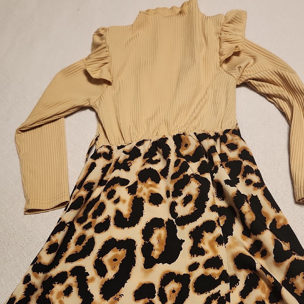 Chic Tan and Leopard Print Kids Dress